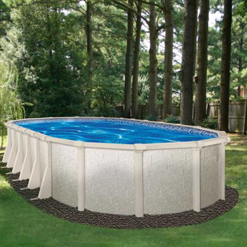 venetian oval pools feature narrow butresses to save yard space.