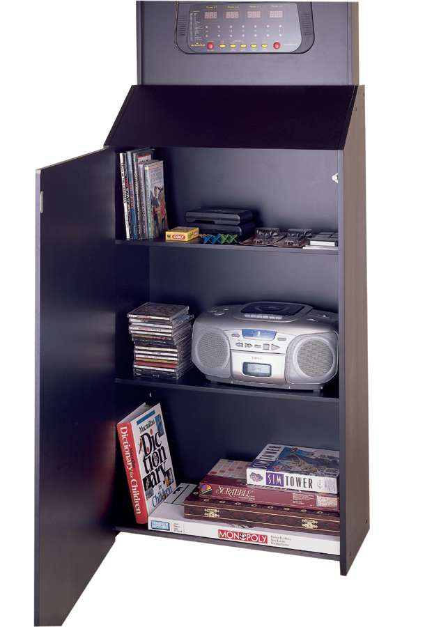 Case includes handy lower storage compartment.