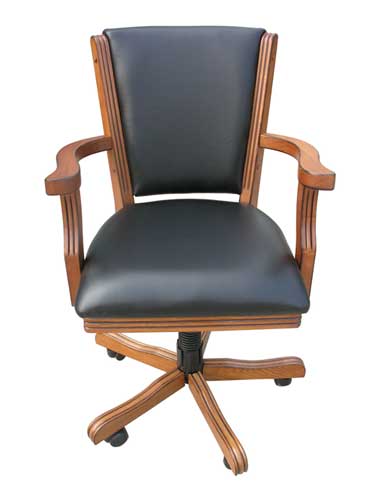 Imported Beech wood chairs feature gas tilt and swivel mechanisms. Shown in Dark Oak.
