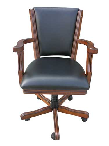 Synthetic black leather upholstered chairs have comfy padded seat and back. Shown in Walnut.