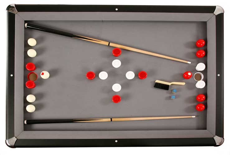 Features a full bumper pool playing field.